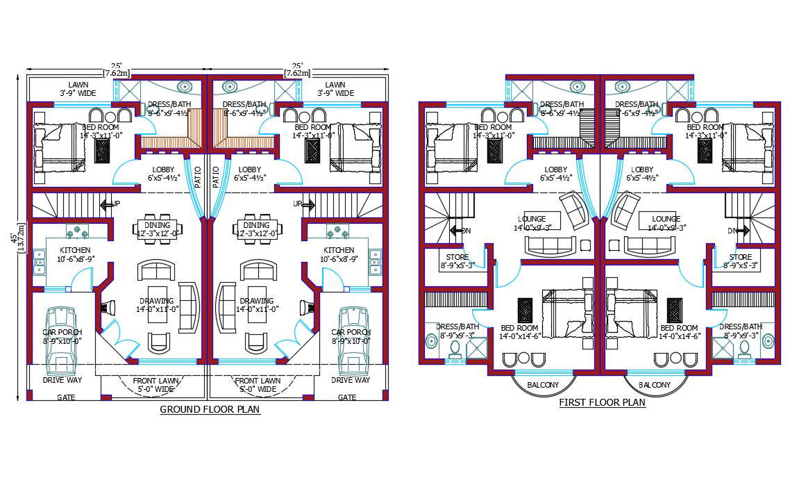 25X45 Feet 3 BHK Duplex House Plan Download DWG File - Cadbull