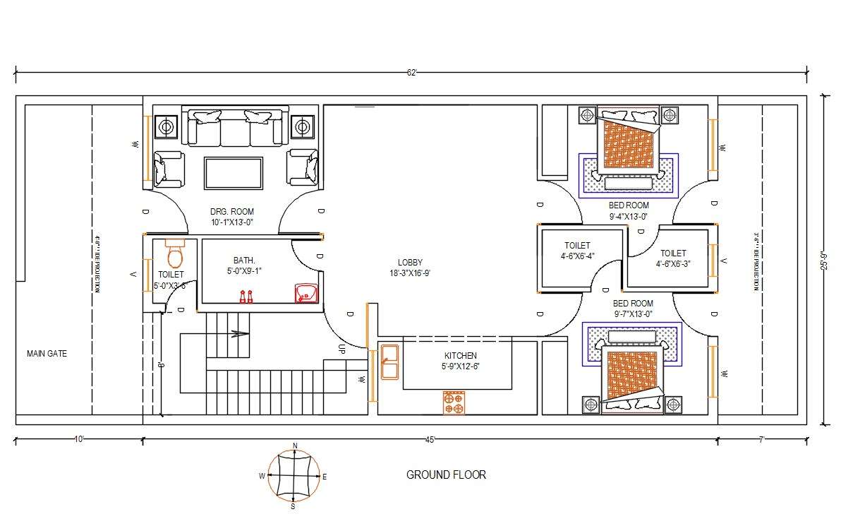 25X62 Feet West Facing House Ground Floor Plan DWG File