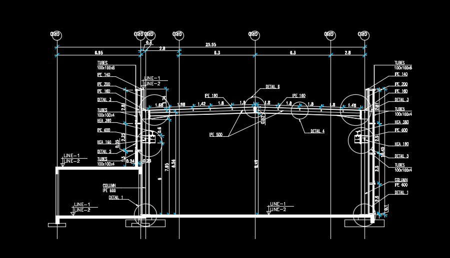 25m length of the industrial building section AutoCAD drawing - Cadbull