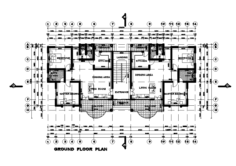 25x13m ground floor twin house plan is given in this Autocad drawing ...