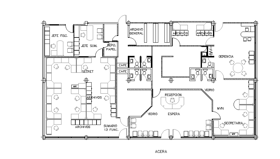 25x14m office plan is given in this Autocad drawing model. Download now ...