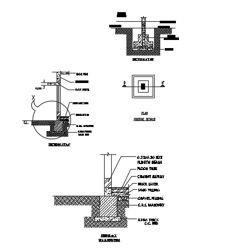 25x20m apartment house building footing plan, section, and detail ...