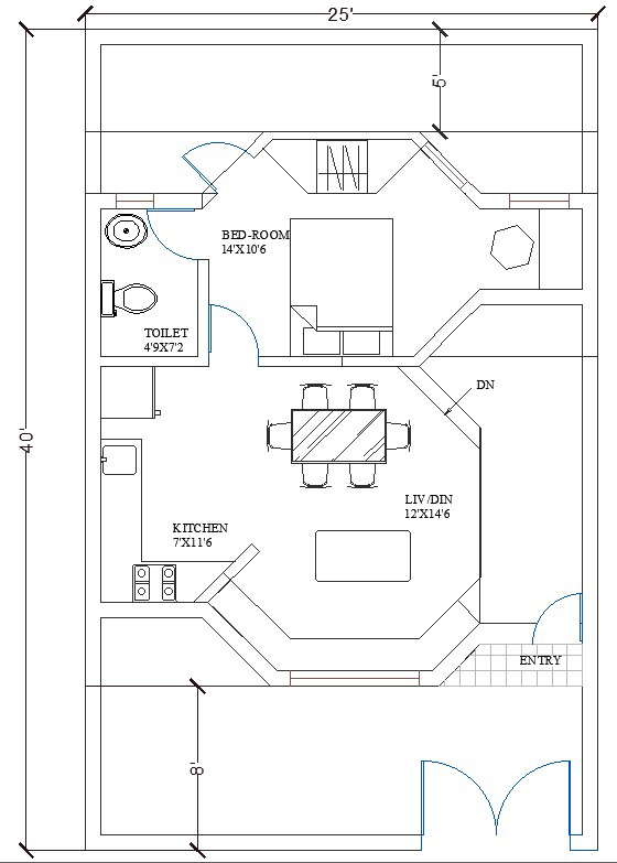 25 X 40 1 Bhk Symmetrical House Plan Architecture Cad File Cadbull