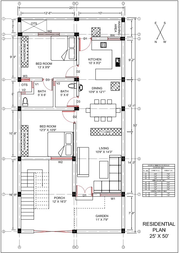 25 X 50 2 Bhk Residential Apartment House Floor Plan With Dimensions Detail Dwg File Cadbull