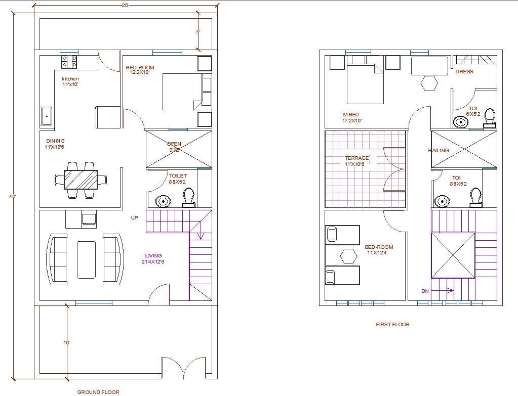 25' x 50' South Facing Ground Floor And First Floor House Plan With ...