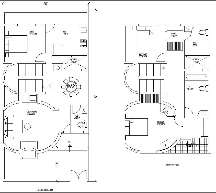 25 X 50 House Ground Floor And First Floor Plan Autocad File Cadbull Images And Photos Finder