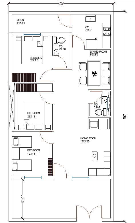 25' x 50' South Facing House Plan with Large Entrance Area DWG File ...