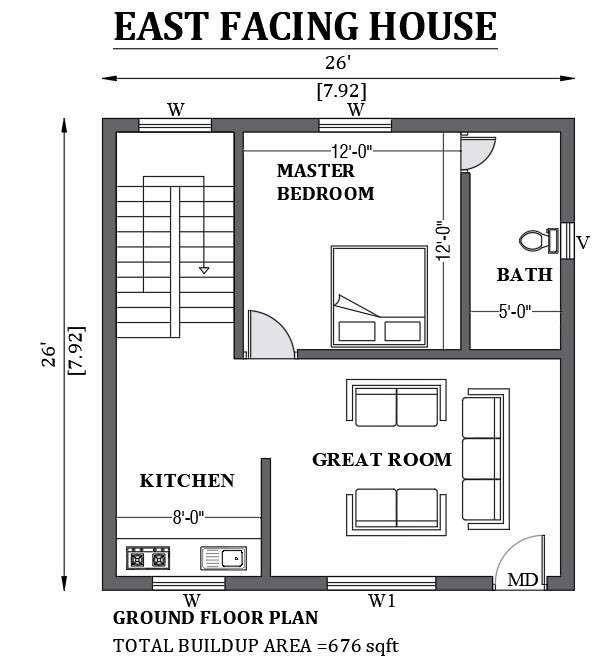 26 X26 East Facing House Design As Per Vastu Shastra Is Given In This Free 2d Auto Cad Drawing 26 X26 East Facing House Design As Per Vastu Shastra Is Given In This Free 2d Auto Cad Drawing