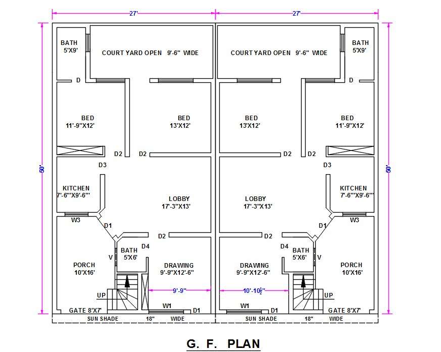 27' X 50' Architect Twin House plan DWG file Cadbull