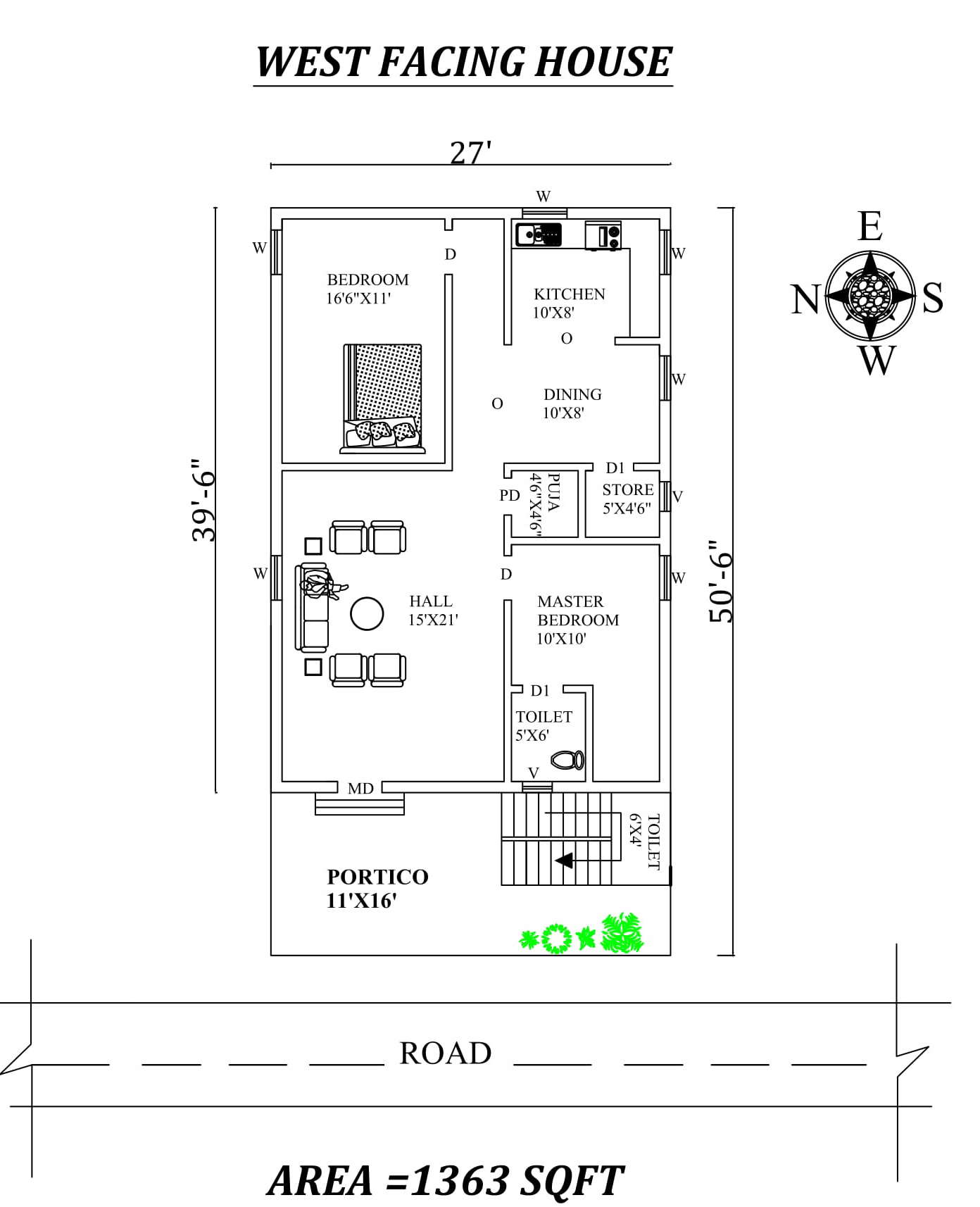 27x39 2 Bhk West Facing House Layout Plan For Dwg File Download Now Cadbull