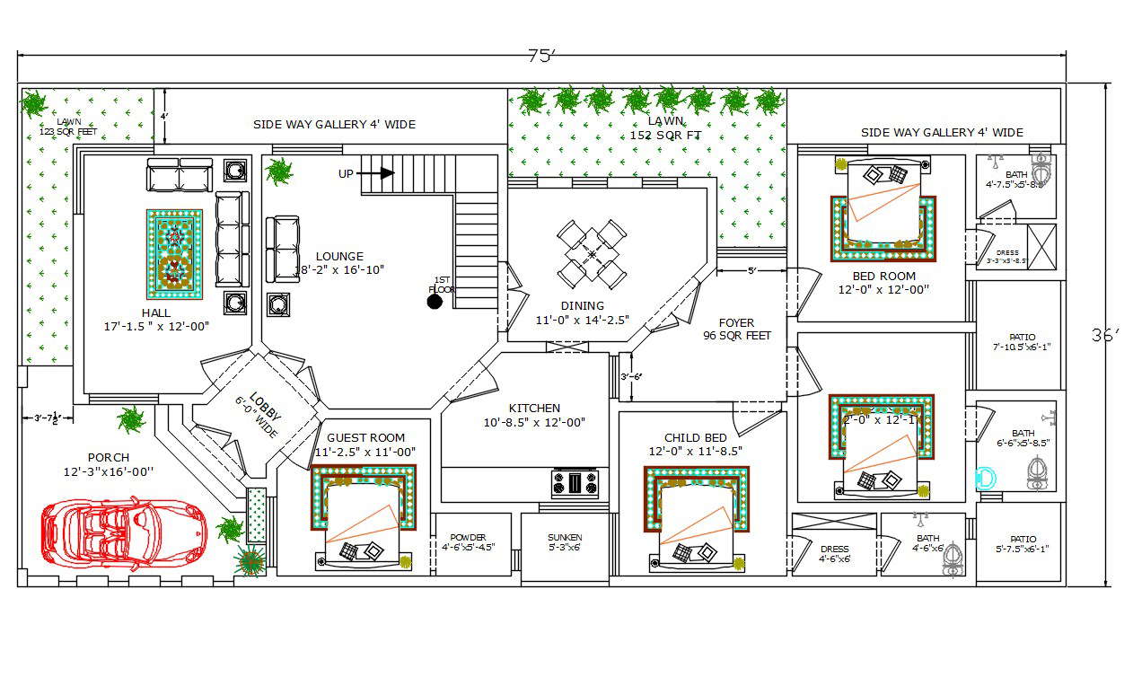 2700 Square Feet House Ground Floor Plan With Furniture Drawing Dwg File Cadbull