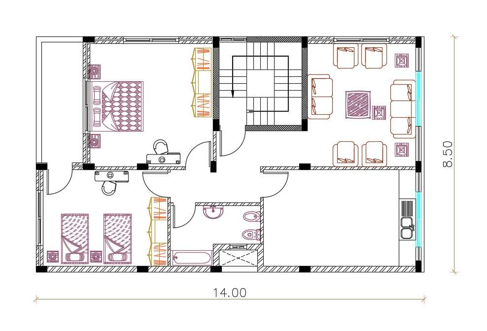 27 By 45 Feet House Furniture Plan AutoCAD File - Cadbull