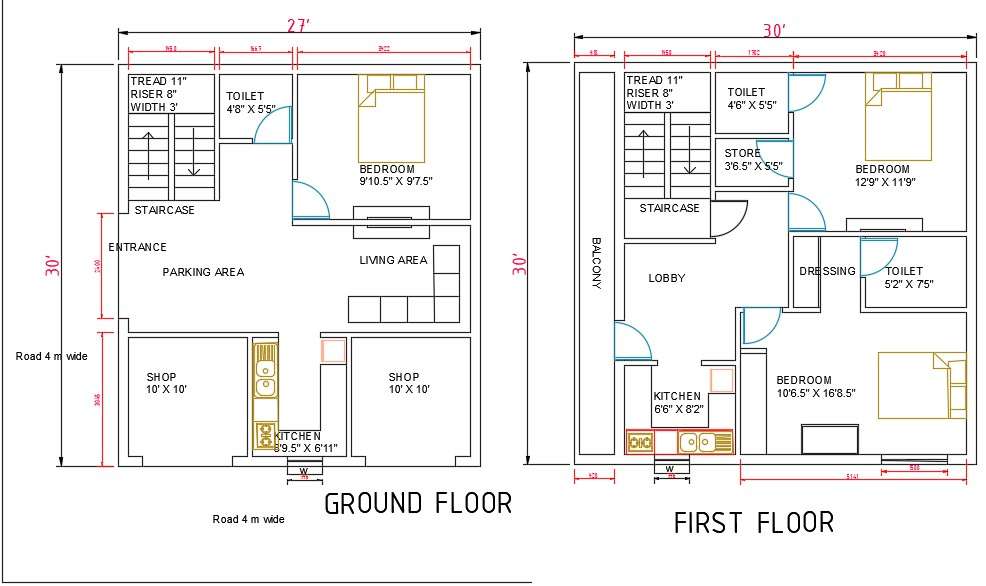 27'X30' House Ground Floor And First Floor Plan Drawing