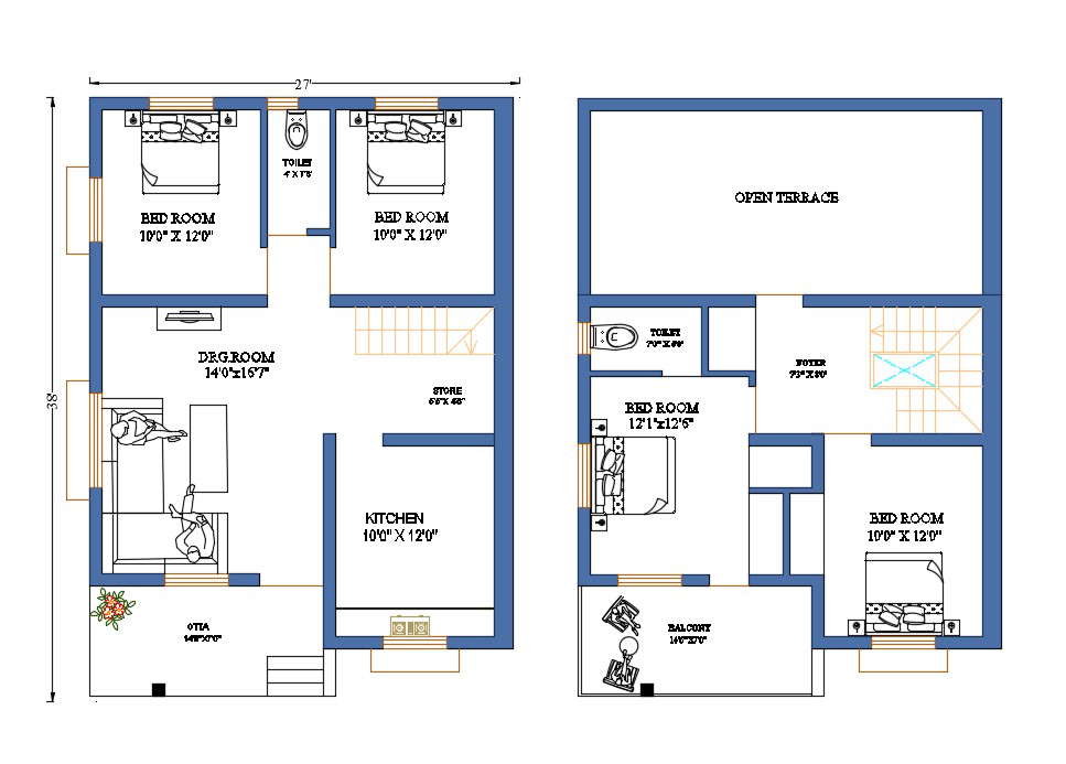 27x38 Feet House Layout Plan Drawing Download Dwg File Cadbull