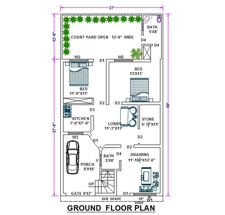 27 X 50 Plot Size 2 Bhk House Ground Floor Plan Dwg File Cadbull