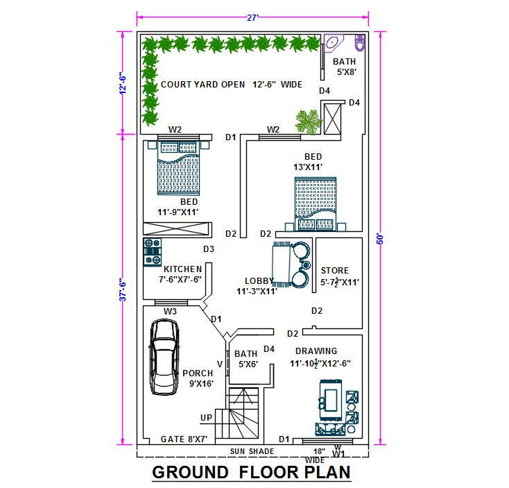 27 X 50 Plot Size 2 BHK House Ground Floor Plan DWG File Cadbull