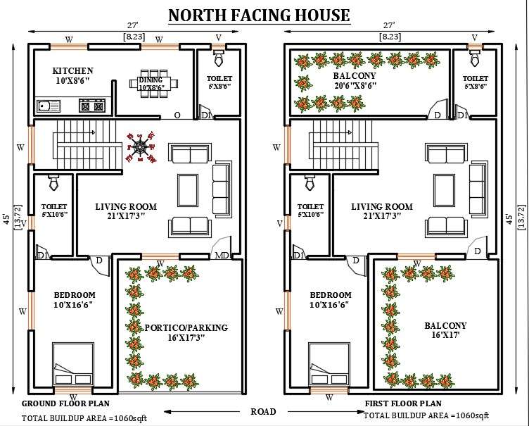 27’x45’ north facing house plan is given in this Autocad drawing file