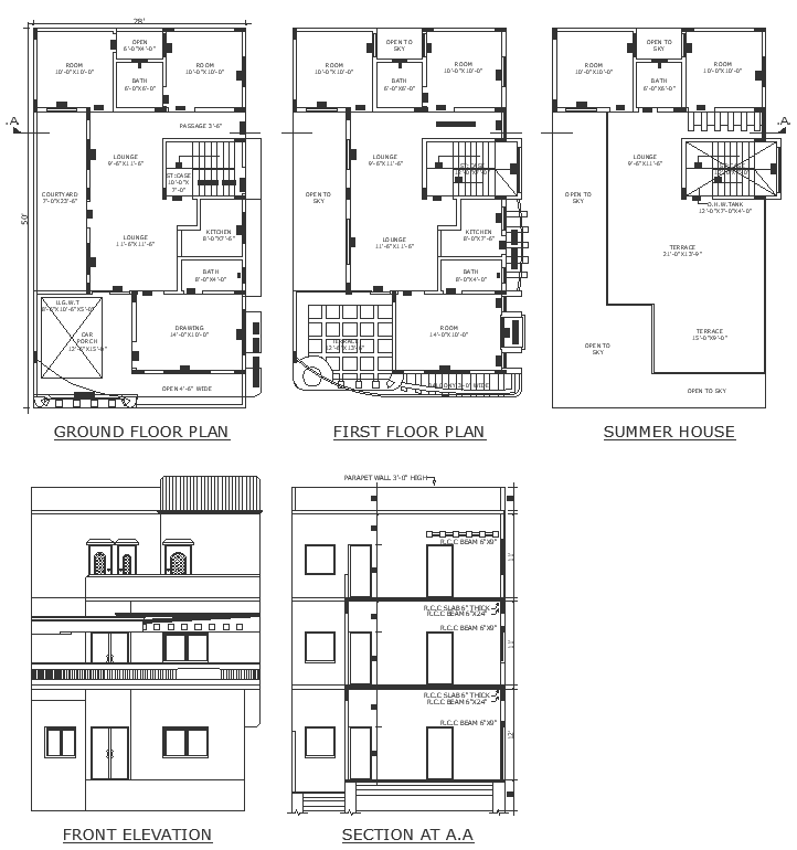 28X50 ft three storey house design detailed floor plan section and ...