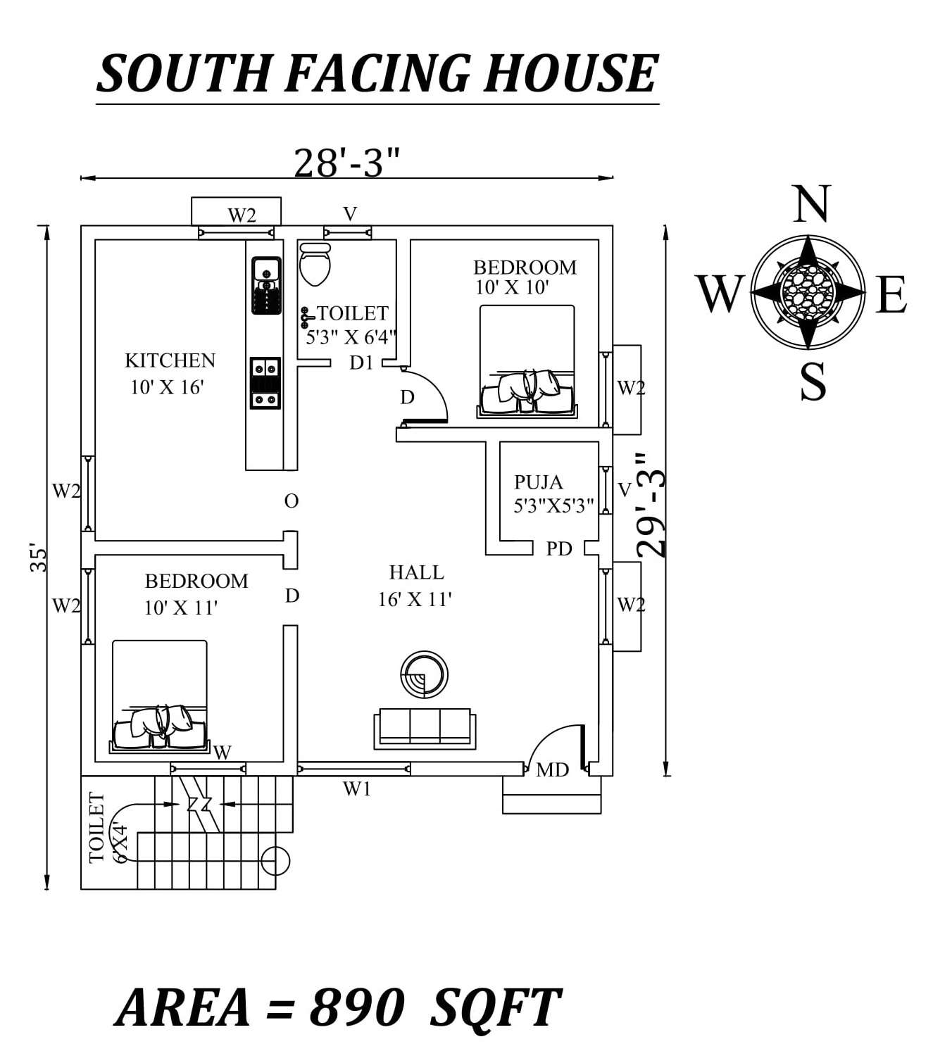 28'x35' 2bhk Awesome South facing House Plan As Per Vastu Shastra