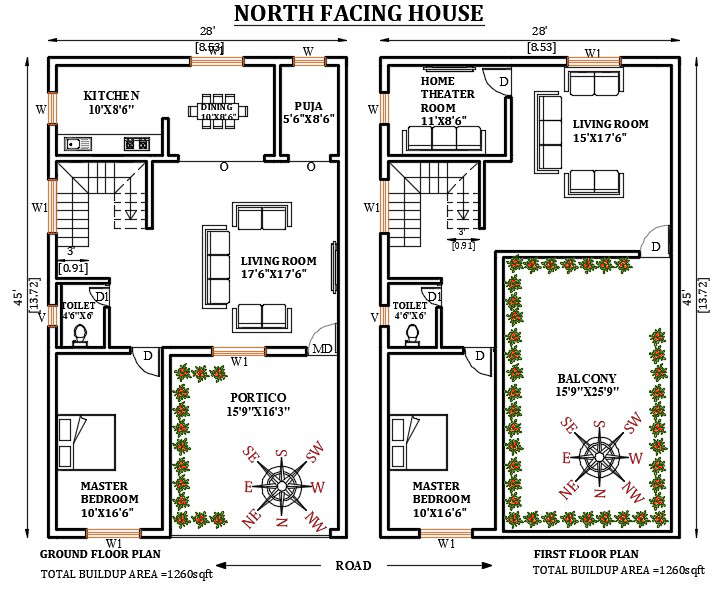 28’x45’ north facing house plan is given as per vastu shastra in this ...