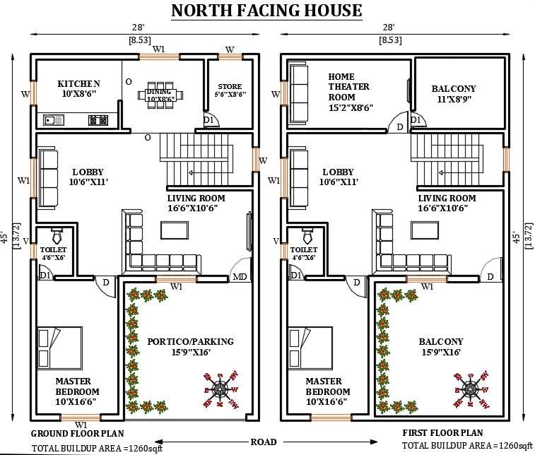 28’x45’ north facing house plan is given in this Autocad drawing file ...