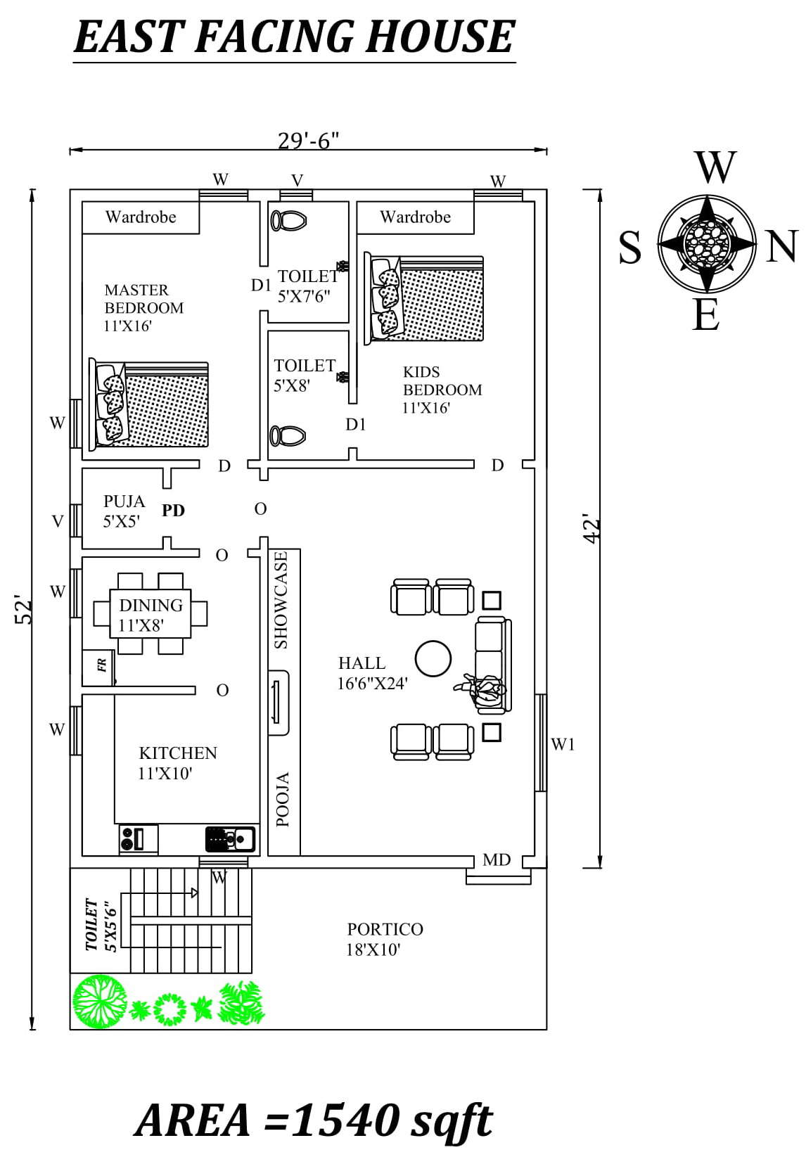 29 6 X52 The Perfect 2bhk East Facing House Plan As Per Vastu Shastra 