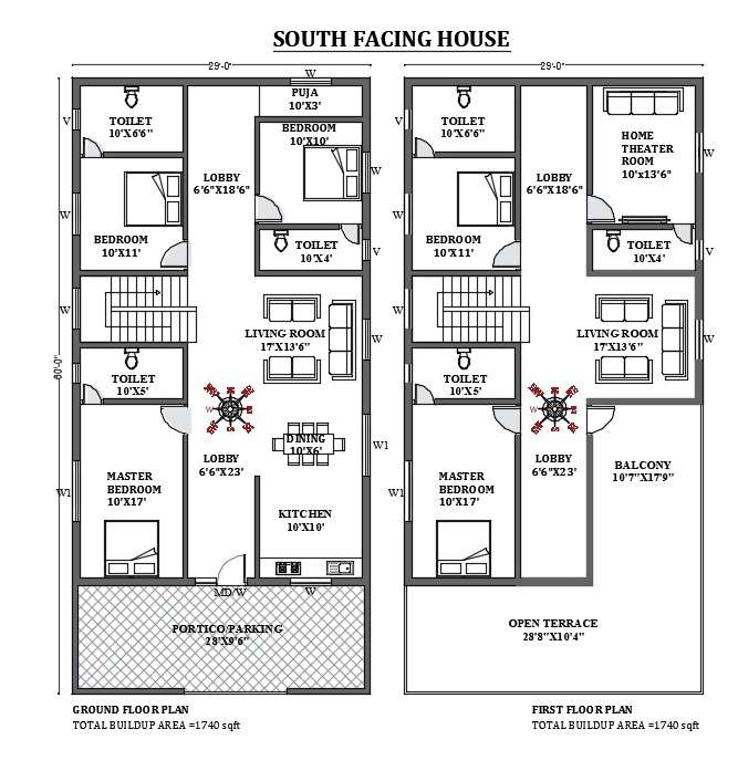 29'x60' FREE south face home design download auto cad file now. - Cadbull