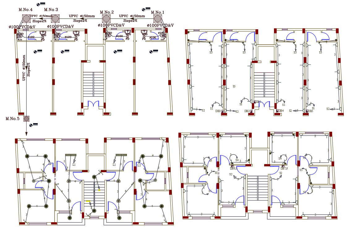 Bhk Apartment Electrical And Plumbing Layout Plan Cadbull