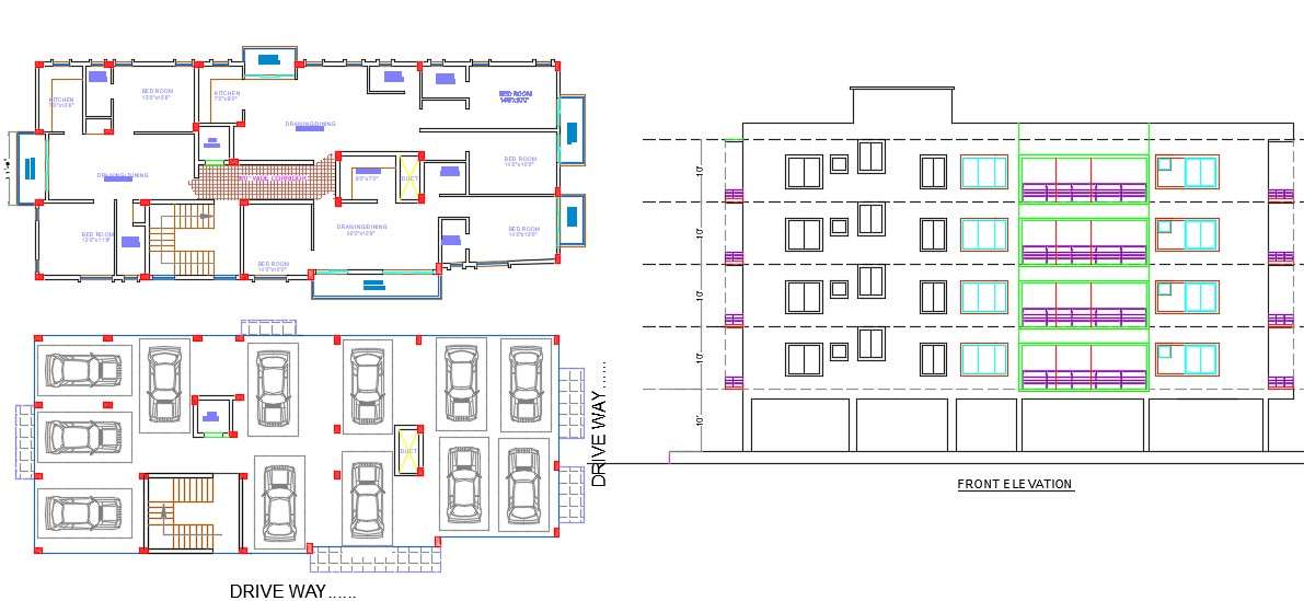 2 BHK Apartment Layout Plan With Building Elevation Design DWG File