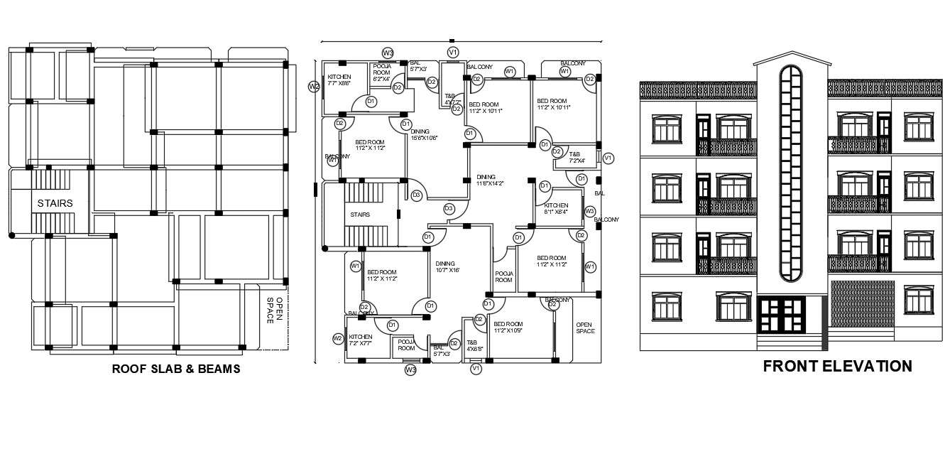 2 Bhk Apartment Plan And Front Elevation Design Cad File Cadbull