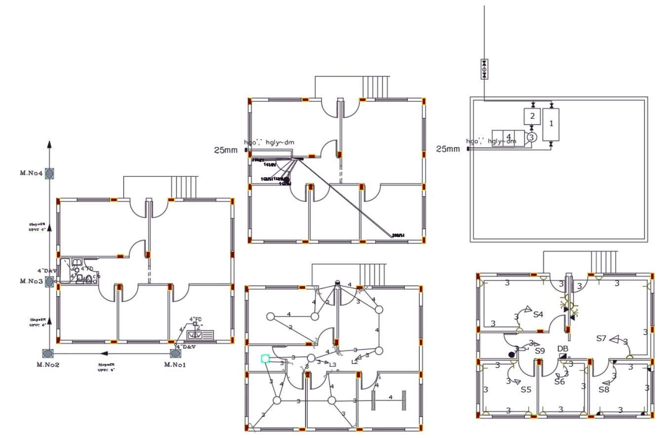 2 Bhk Autocad House Electrical And Plumbing Layout Plan Cadbull 