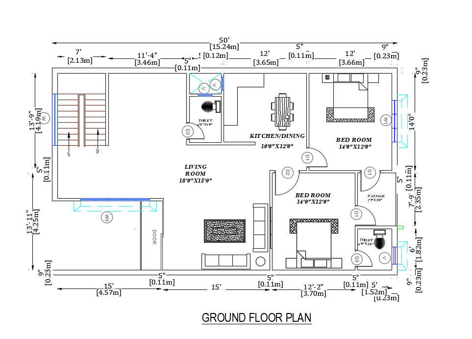 2 Bhk Cad House Plan Drawing Download Dwg File Cadbull