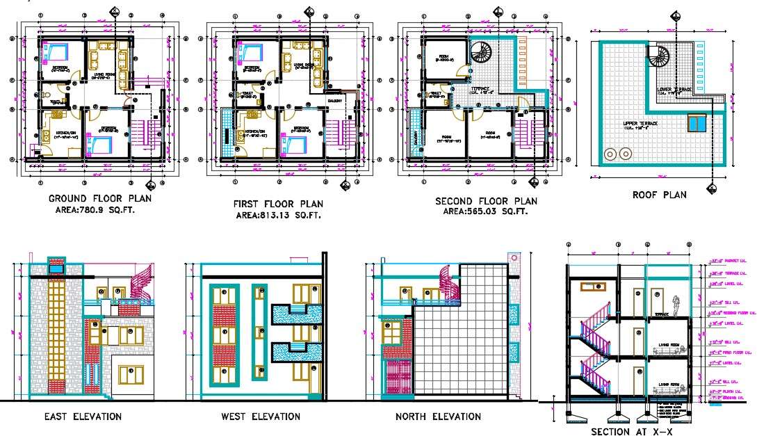 2 BHK House 3 Storey Floor Plan With Building Sectional