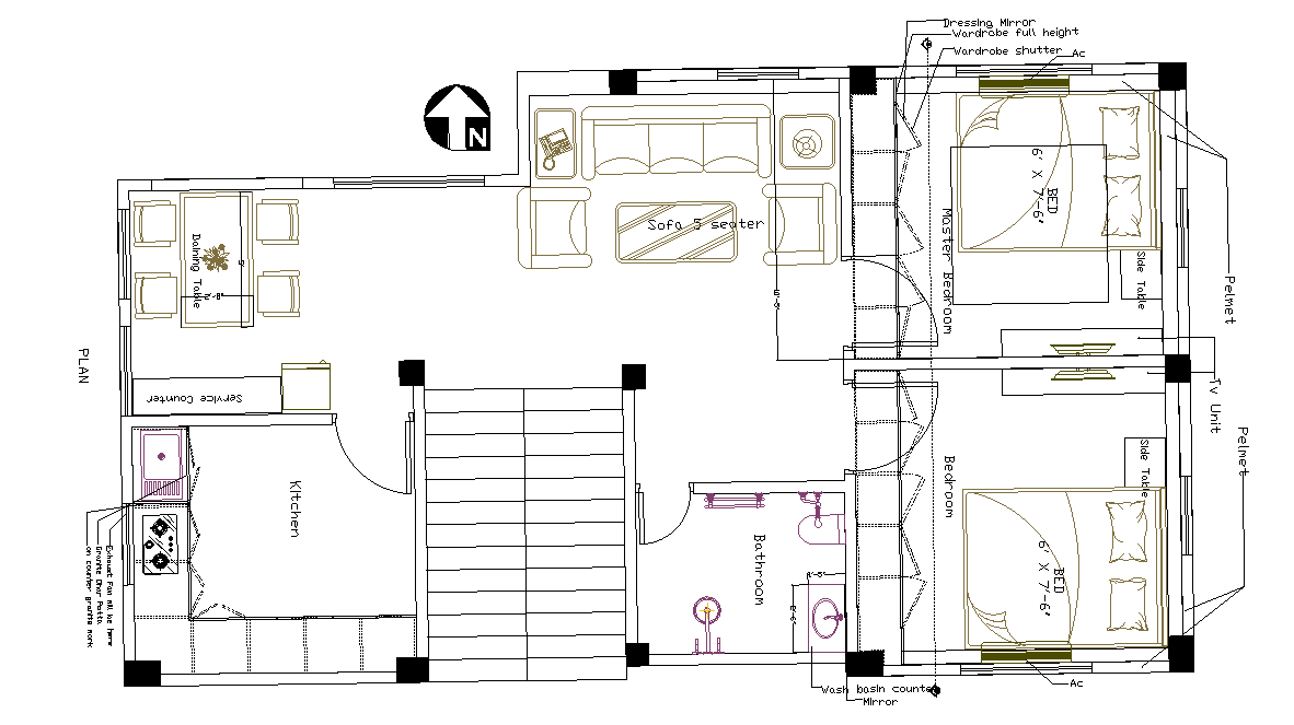 2 Bhk House Floor Plan With Column Layout Drawing Dwg File Cadbull