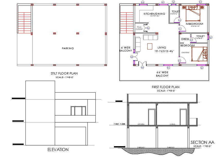 2 BHK House Furniture Plan And Building Sectional Elevation Drawing DWG 