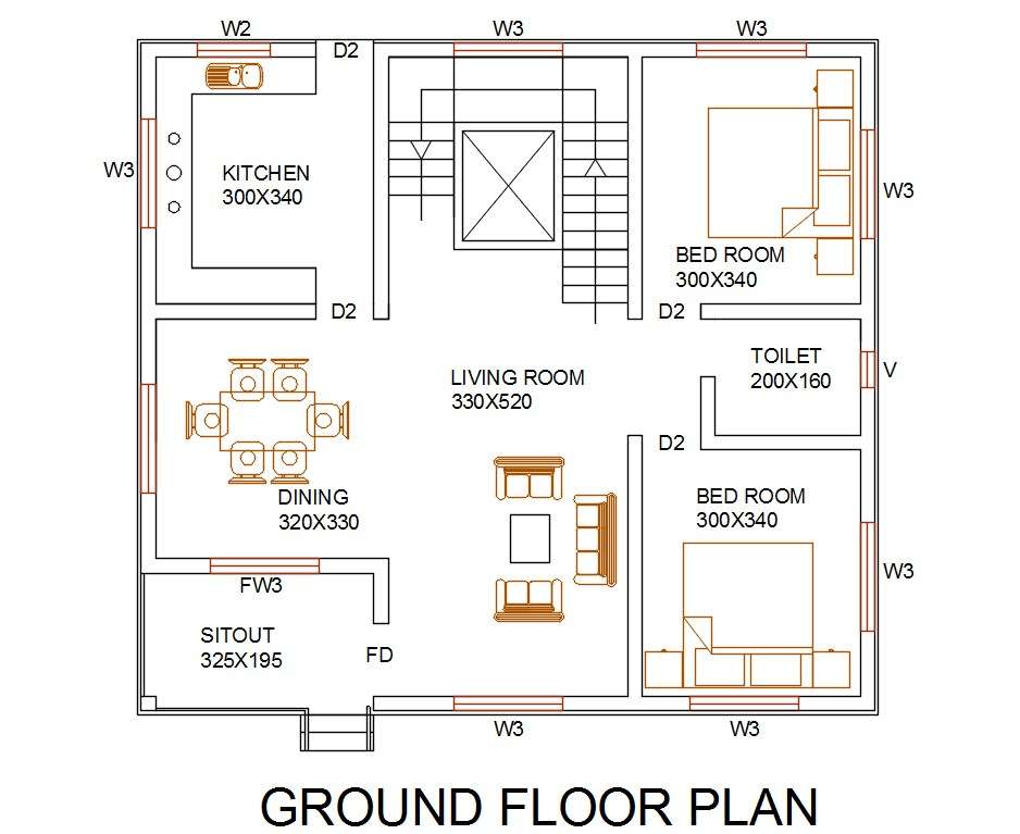 2 BHK House Ground Floor Furniture Layout Plan DWG File - Cadbull