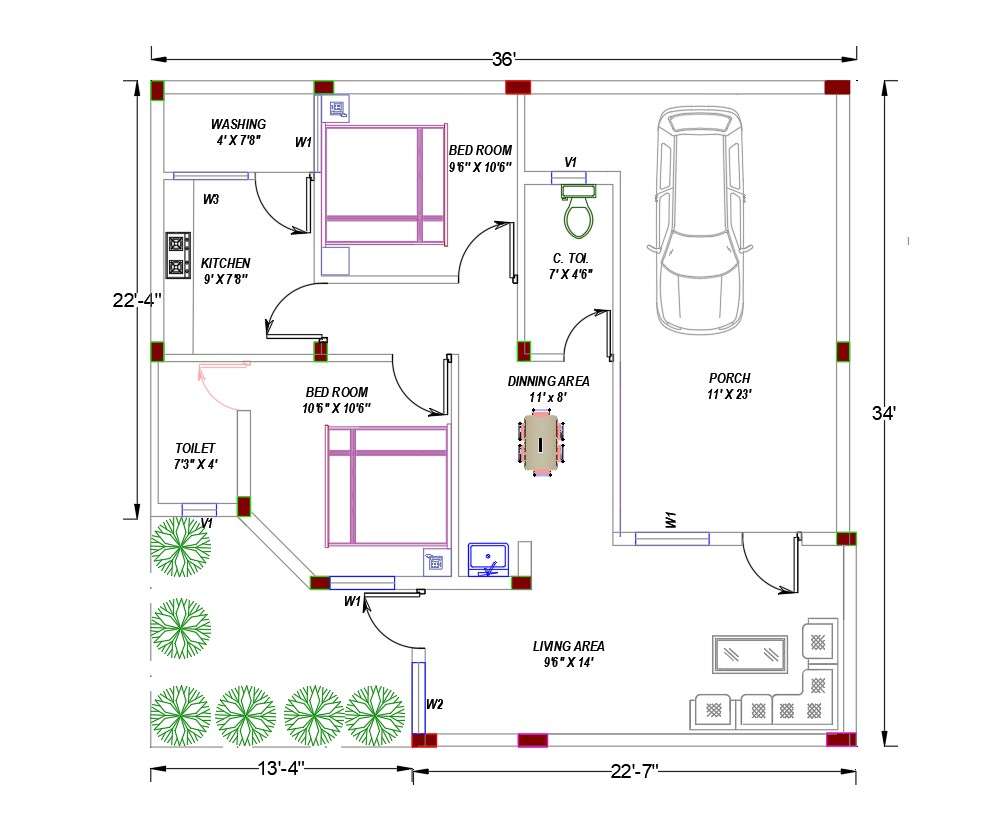 2 BHK House Plan AutoCAD Drawing Download DWG File - Cadbull