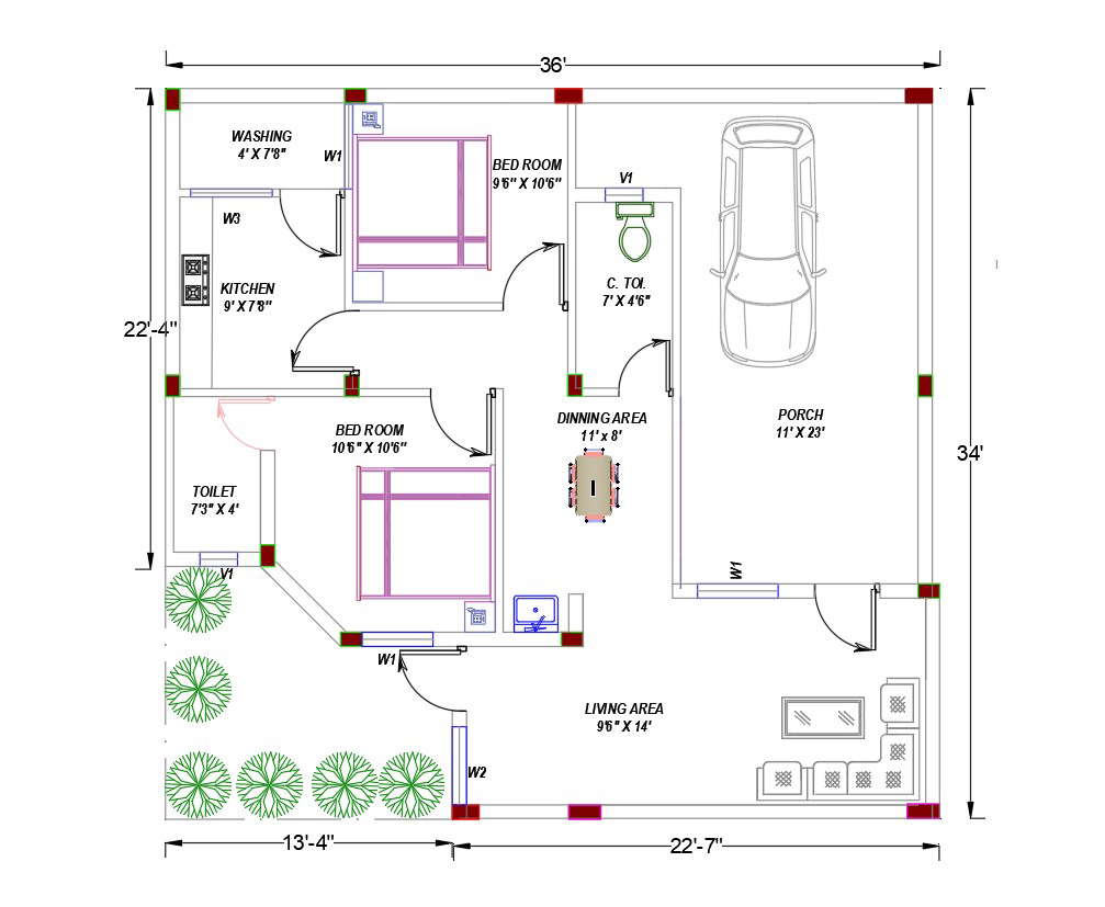 2 Bhk Small House Plan Autocad Drawing Download Dwg File Cadbull Small ...