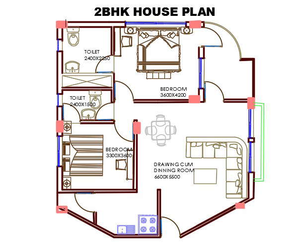 2 Bhk House Plan With Furniture Drawing Autocad File Cadbull