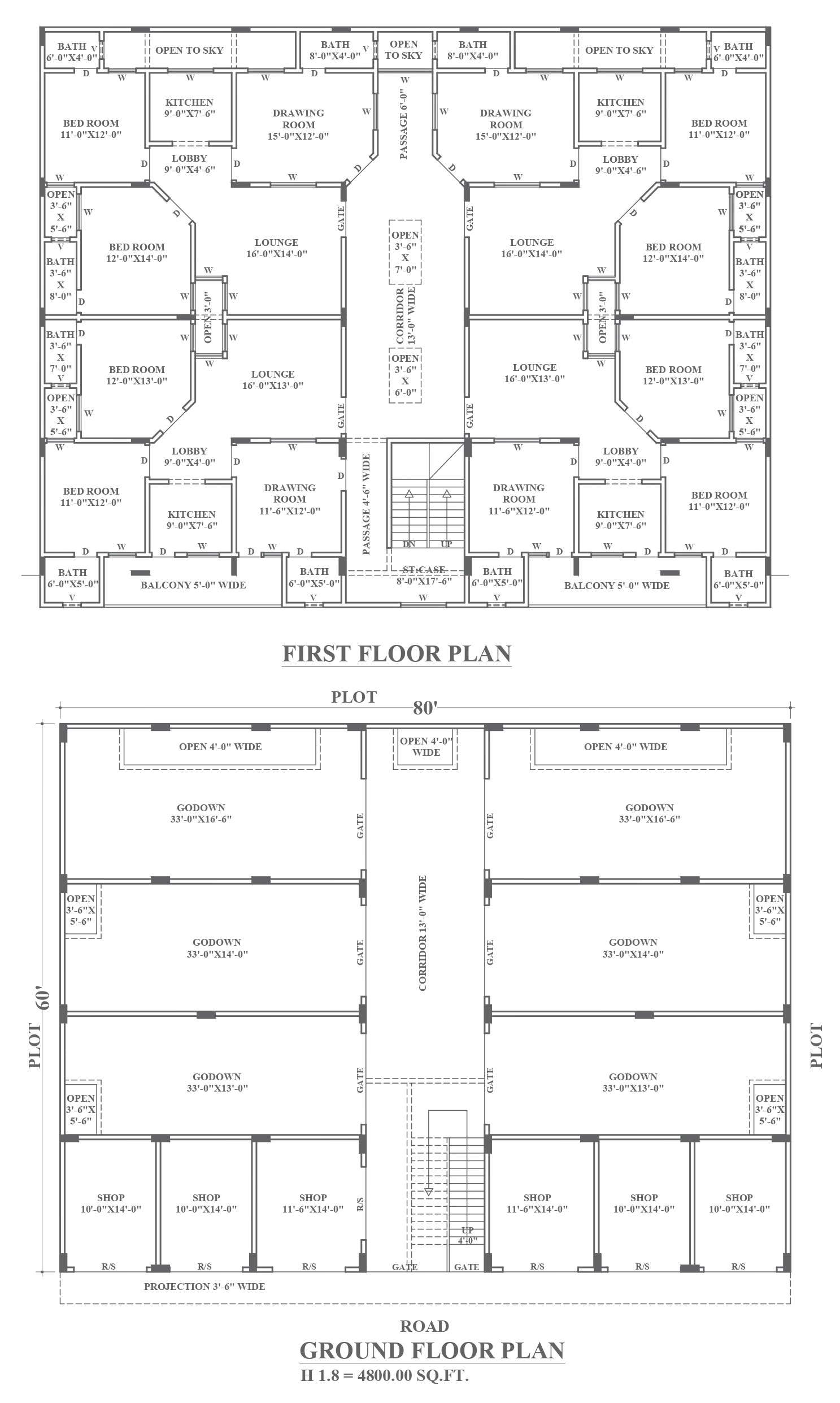 2 Bhk Apartment Design With Godown And Shops On Ground Floor Detailed Plan Dwg Autocad Drawing 8184