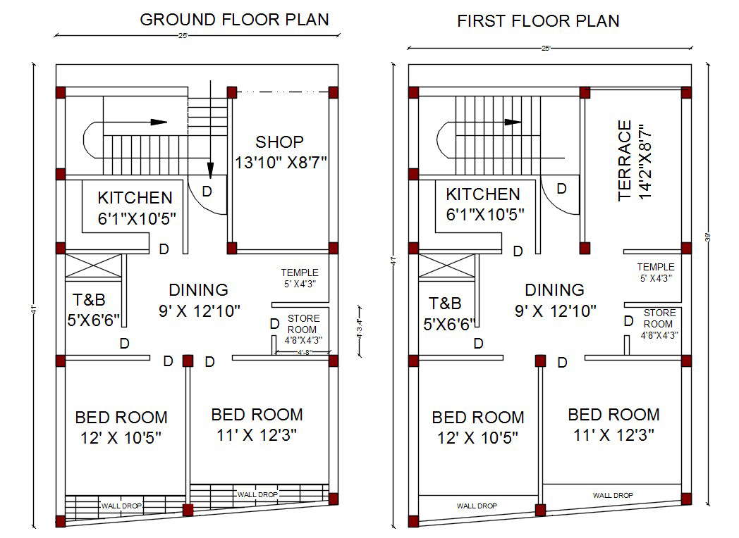 Residential House Ground And First Floor Plan Cad Drawing Details Dwg