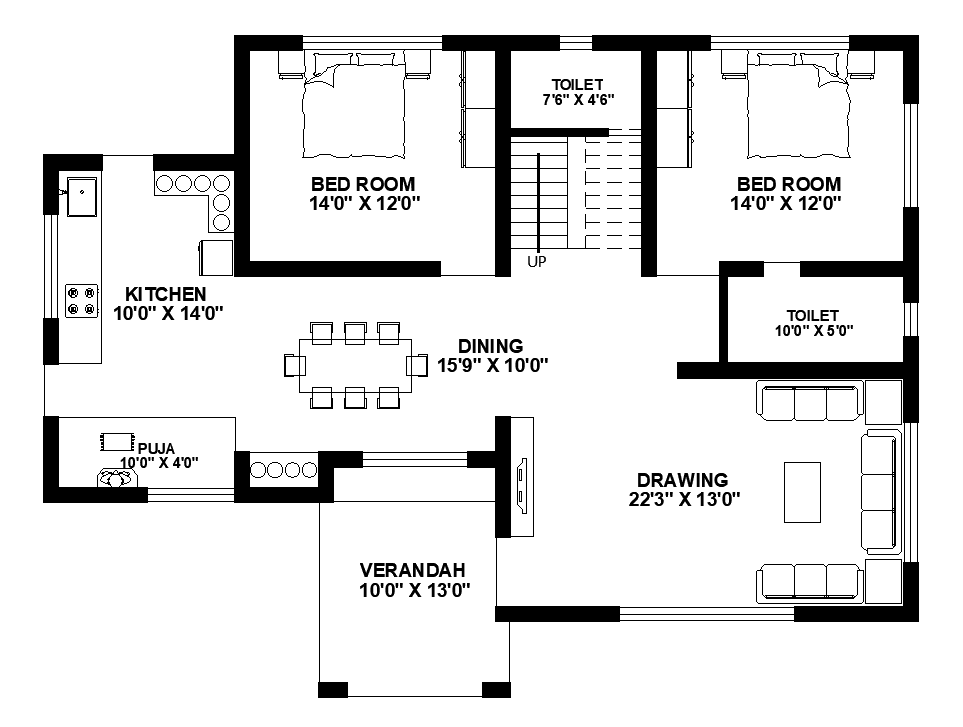 Two Bedroom Residential House Layout Plan Cad Drawing Details Dwg File