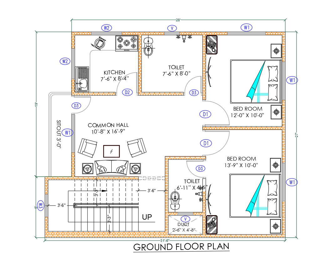 2 Bedroom House Plan AutoCAD Drawing Download DWG File Cadbull