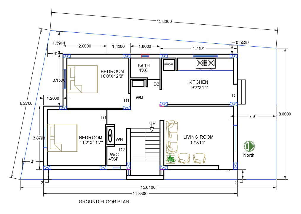 2 Bedrooms House Layout Plan Drawing Download DWG File - Cadbull