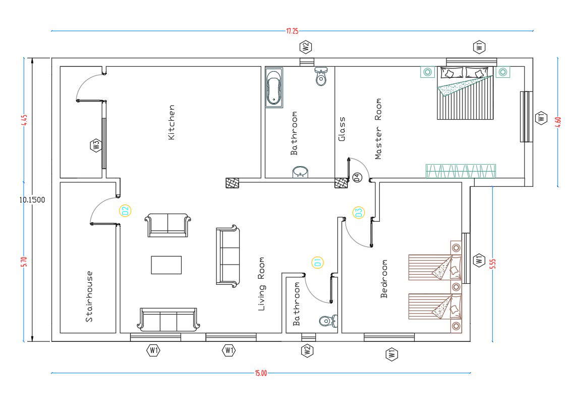 2 Bedrooms House Plan Drawing Download DWG File - Cadbull