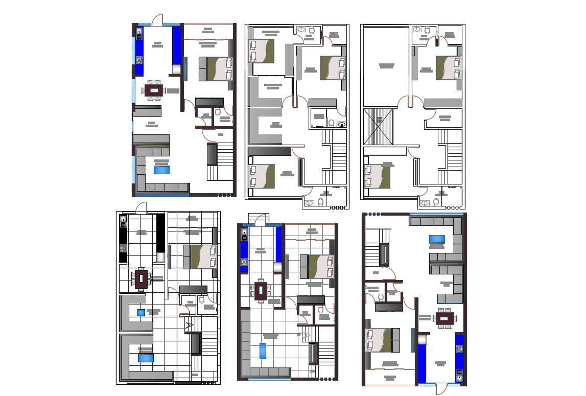 2D CAD Bungalow Floors Plan With Fully Furnished Drawing 