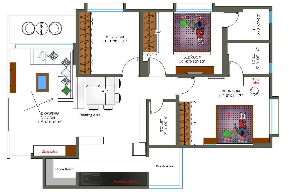 2D CAD Drawing 2bhk House Plan With Furniture Layout Design Autocad ...