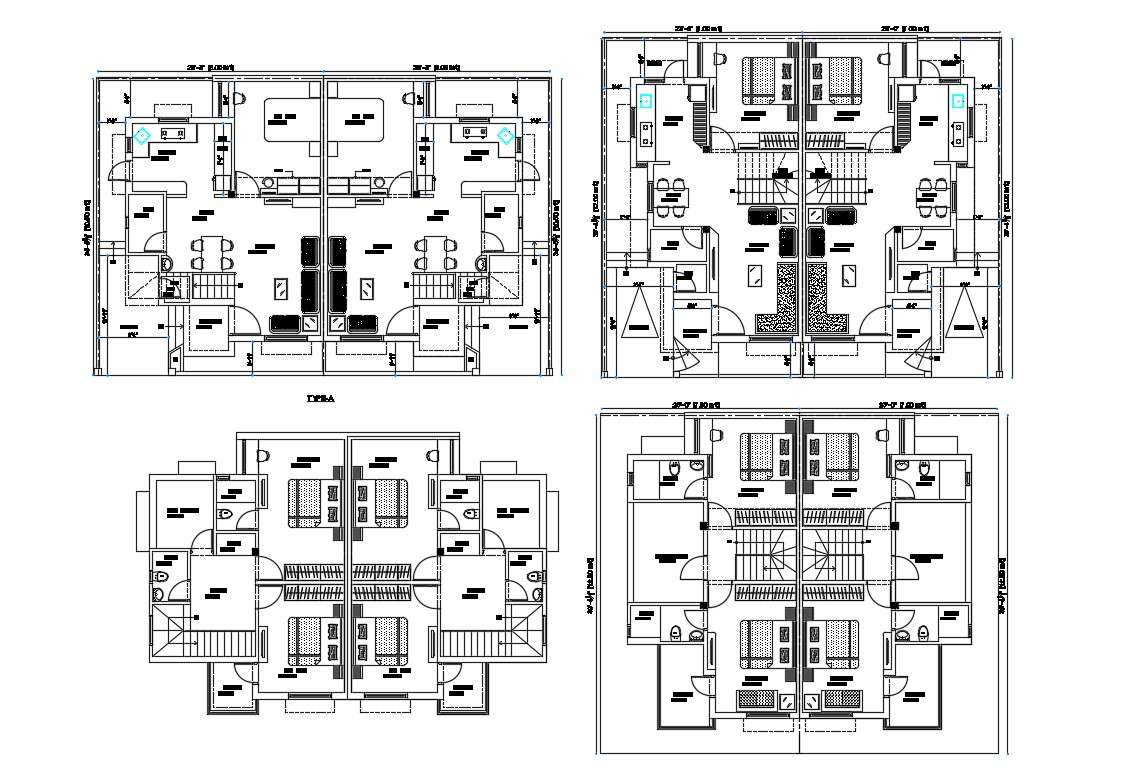 2D CAD Drawing Best Twin Bungalow Floor Plans With