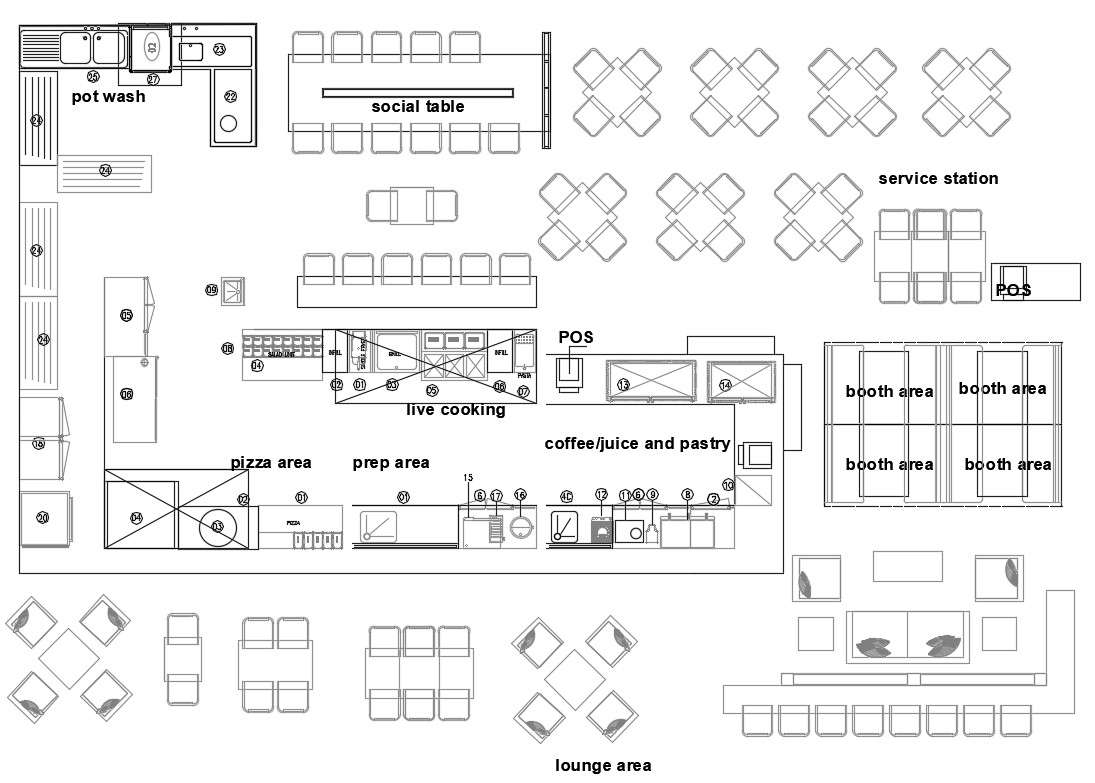 2D CAD  Drawing Of Cafe Restaurant  Furniture Layout Plan 