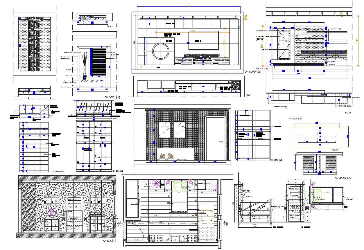 D CAD Drawing Single Bed Room Furniture Layout Plan With All Side Wall Interior Elevation